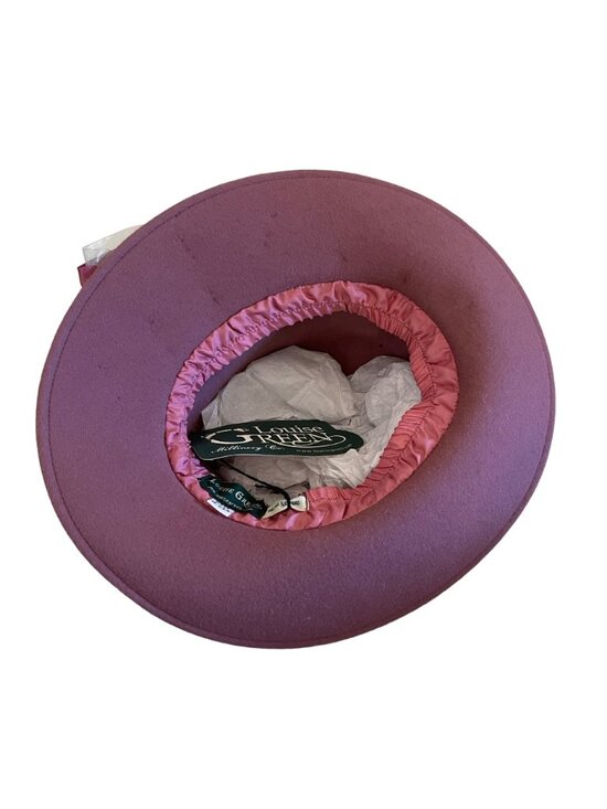 Louise Green Pink Wool Felt Wide Brim Hat Satin Ribbon  Rhinestone Embellishment